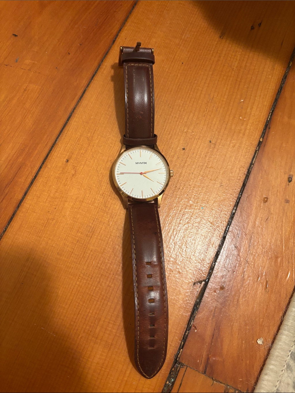 Mvmt Brown Leather Watch With White Dial And Rose Gold Case